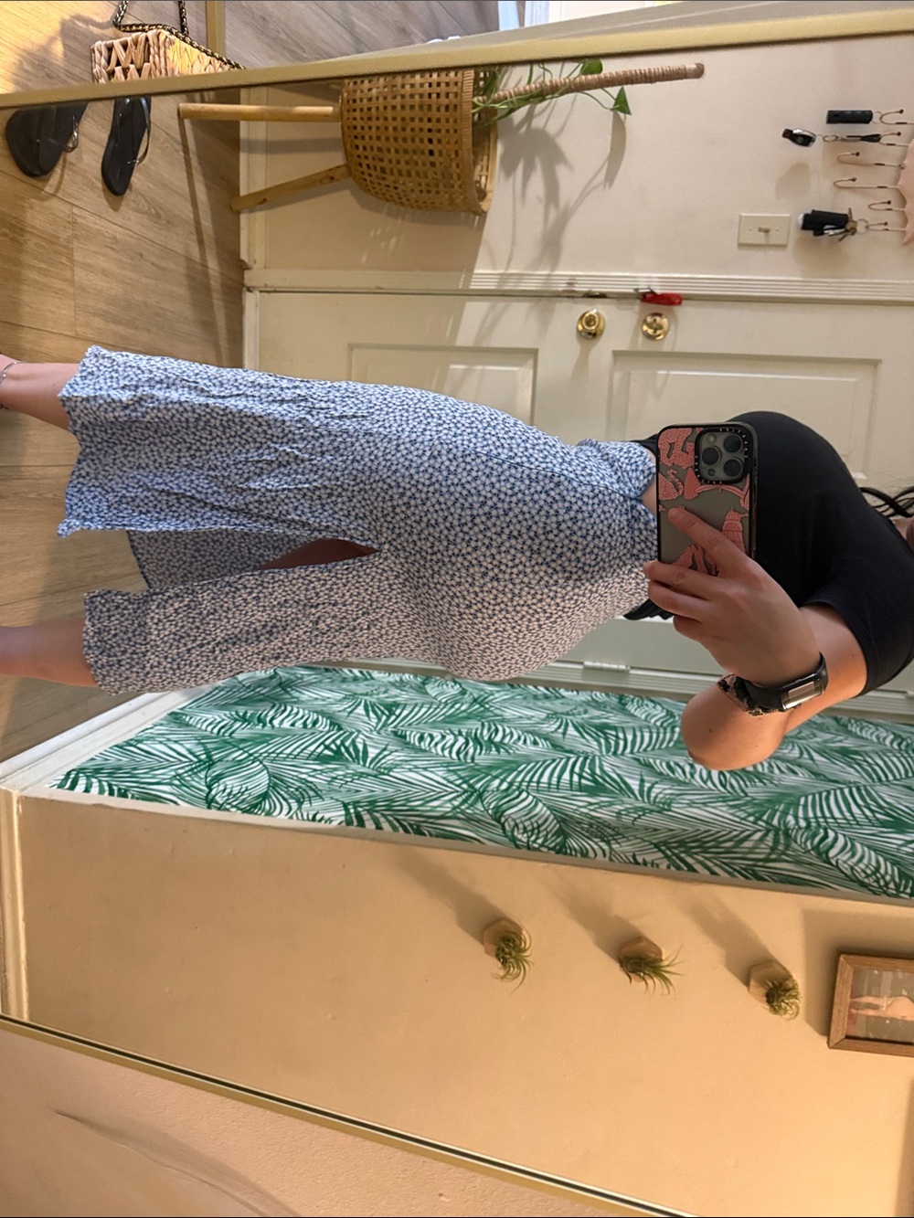H&M Light Blue and White Floral Midi Skirt